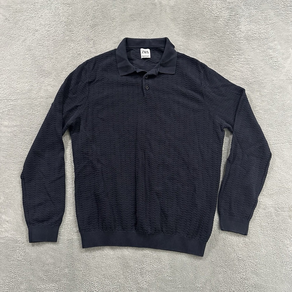 Zara 1/4 Button Sweater Pullover Men XL Navy Blue Knit Preppy Quiet Luxur Formal